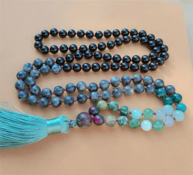 8mm Spectrolite 108 Beads Tassel Knotted Necklace Handmade Wrist Bless Healing