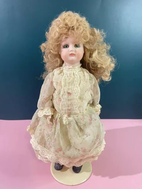 Vintage All Bisque Doll Marked "S keating 83" 15" Jointed Blonde Curly Wig