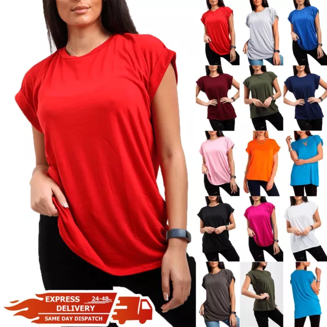 Womens Plain Baggy Oversized Tee Top Ladies Short Turn Up Cap Sleeve T Shirt