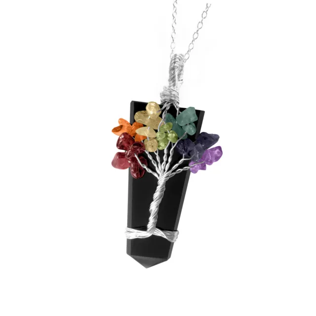 Natural Black Tourmaline Pendant Wire Wrap Crystal Tree Life Necklace Reiki Heal
