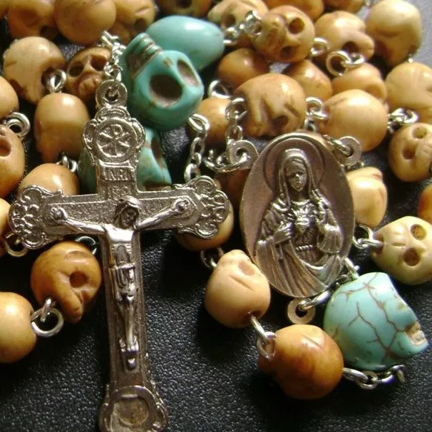 Oxen Bone Skull Bead 5 DECADE Vintage ROSARY RELIC Cross catholic necklace