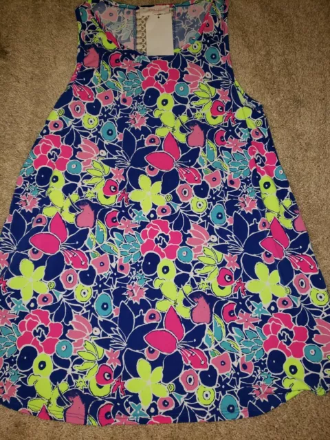 Peach Love Tank Top size large summer floral lace back blue pink bright colors