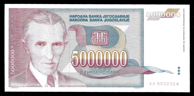 World Paper Money - Yugoslavia 5 Million Dinara 1993 @ Crisp AU-UNC