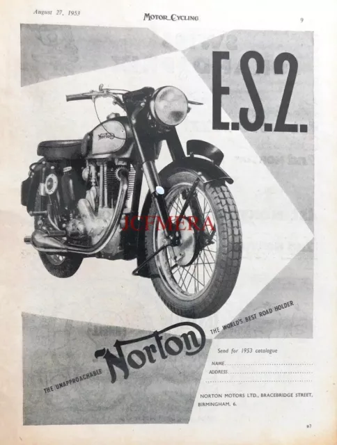 NORTON 'Model ES2' Single Motor Cycle Advert #4 : 1953 M/Cycle Print