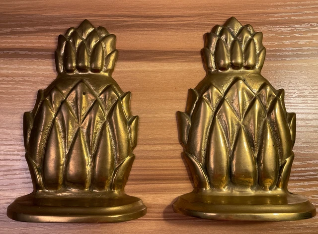 2 Vintage Brass Pineapple Bookends MCM Andrea by Sadek Made in Taiwan 6" Tall