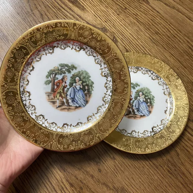 Vintage Syracuse China 22K Gold Victorian Scene Couple Plates O.P. Co 6 1/4"