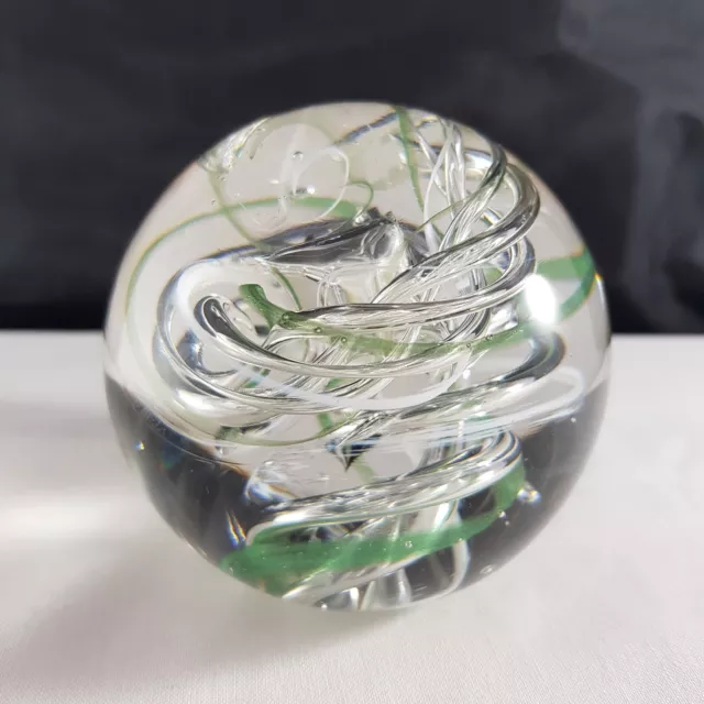LANGHAM England Art Glass Sphere/Round Paperweight Green & White Streamer Swirls