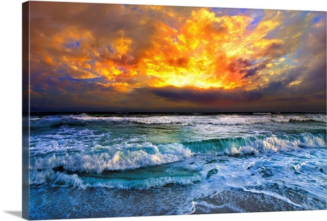 Red Sunset Over Ocean Dark Orange Sky Canvas Wall Art Print, Coastal Home Decor