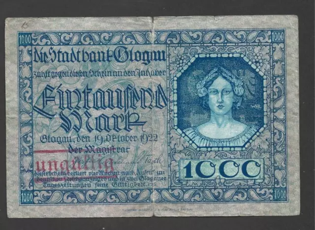 1000 Mark Vg  Banknote From German Occupied Poland/Glogow 1922  Rare