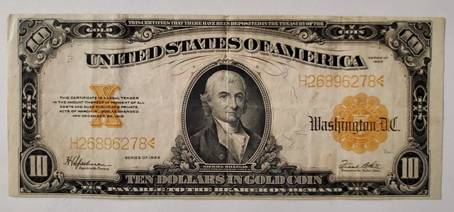 1922 Ten Dollar Gold Certificate US Currency Rare Large Note