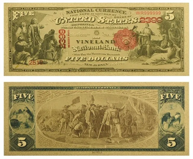 Usa Banknote National Bank $5 Us Dollars Vineland New Jersey Gold Foil New Mint