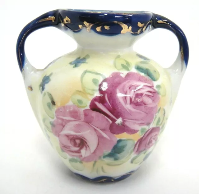 Vintage Hand Painted Vase Urn Two Handled Cobalt Gilded Trim 4" Tall Lovely