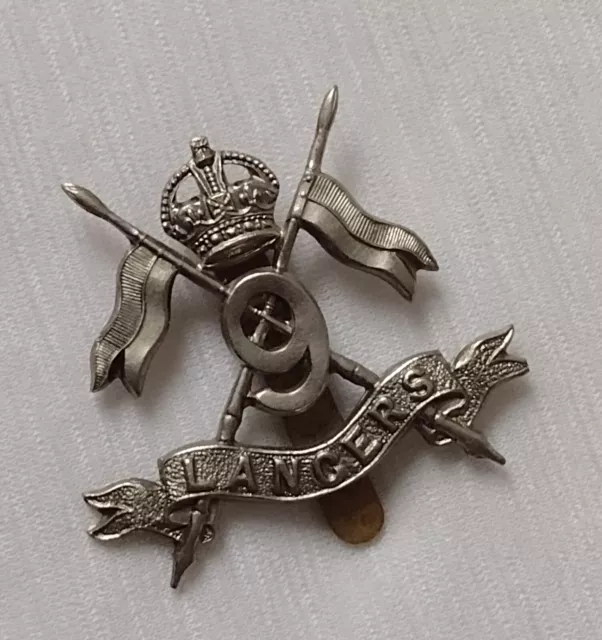 WW1 9th Lancers Cap Badge KC White Metal Slider 42mm Antique Org