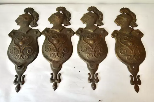 4 Heavy Cast Metal Knight + Shield Plaques Medieval Lot Vs