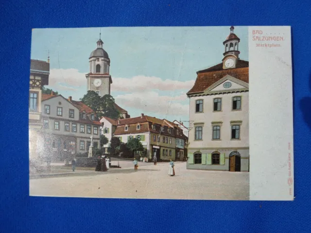 uralte AK Bad Salzungen Marktplatz mit Kirche und Rathaus 1904 in Farbe