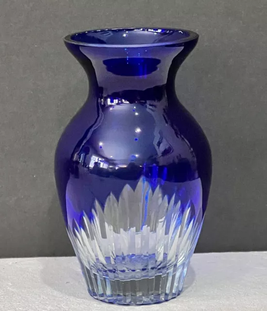 Czech Bohemian Vintage Cobalt Blue Cut to Clear Crystal Cut Glass Vase 5” inches