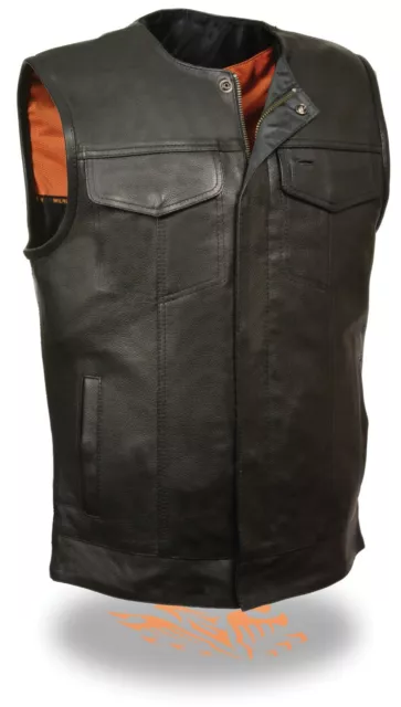 Mens Collarless SOA Club Style Naked Leather Vest Snap/Zipper Front