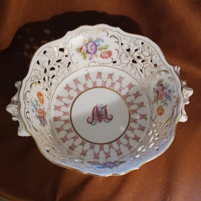 Antique German Porcelain - A R Meissen - Reticulated Bowl - M Monogram