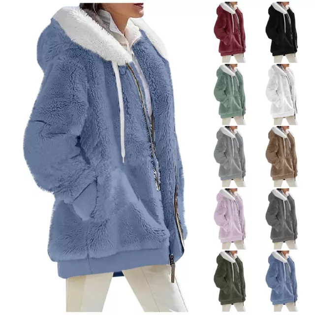 Women's Casual Solid Color Loose Plush Zip Hooded Jacket Coat Pockets Outwear