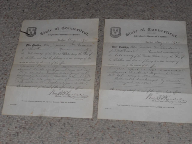 2 Civil War Mustard-Discharge Papers - James M. Gardner - Private & Sergeant!!!