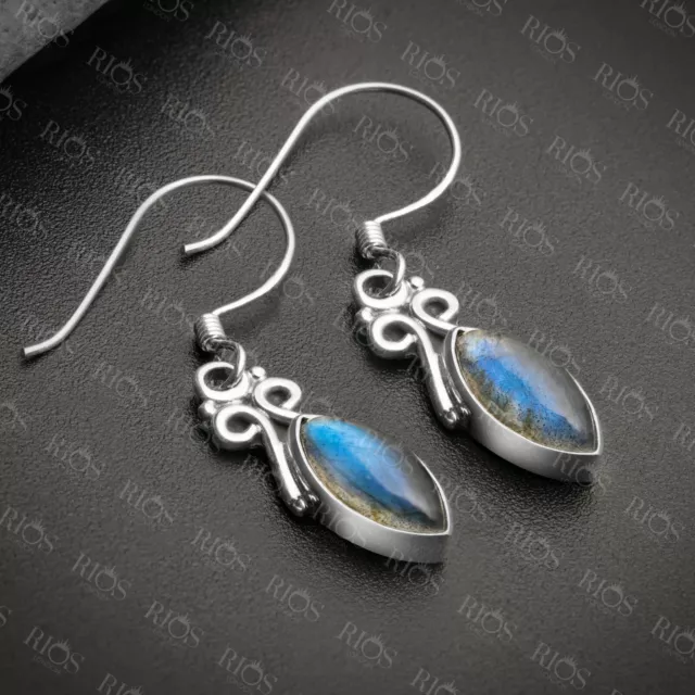 925 Sterling Silver Natural Labradorite Marquise Dangle Drop Earrings Gift Boxed