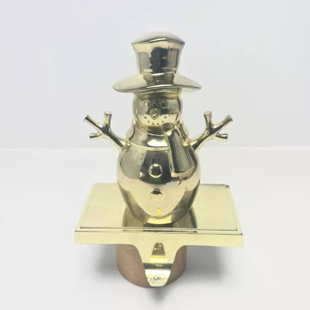 Vtg Solid Polished Brass Snowman Stocking Holder Fireplace Mantle Decoration