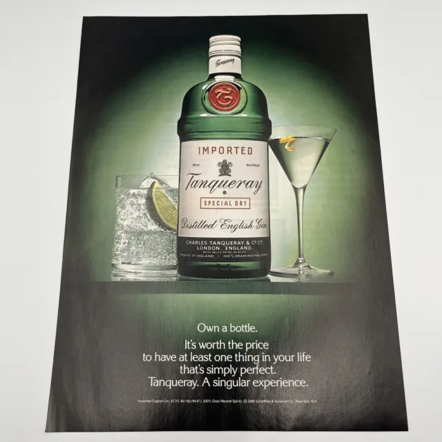 Tanqueray Gin 1989 Vintage Print Ad 8"X11"  martini and cocktail bar wall art