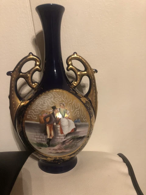 Victorian Hand Painted Cobalt Vase Dark Blue 8 Inch