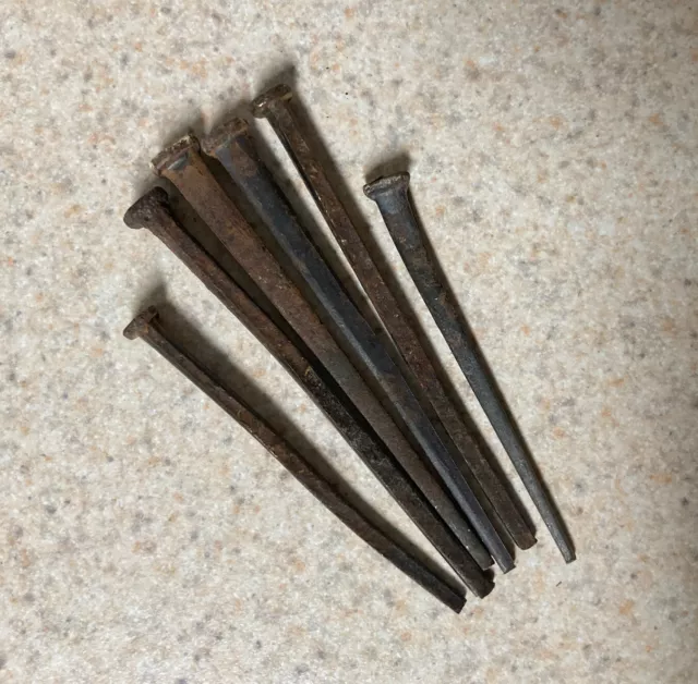 Antique VTG Barn Find Press Square Nails Cut (4) 3” & (2) 2.5” Lot of 6  Crafts