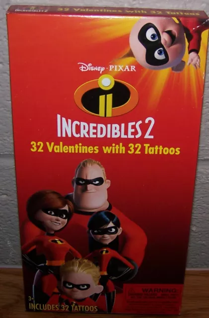 Valentines Day Cards (Box of 32) Disney Pixar Incredibles 2 with Tattoos