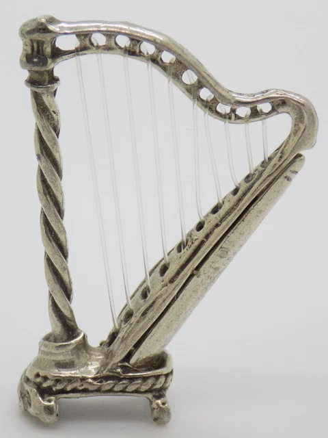 Vintage IN Argento Massiccio Italiano Fatto Casa Delle Bambole Arpa Miniatura