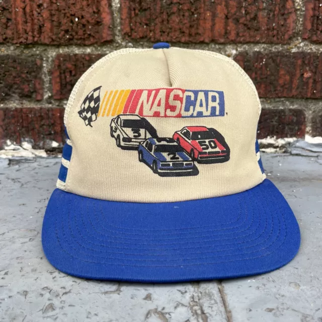 Vintage 1980s 90s NASCAR Racing Three 3 Stripe Trucker Hat Cap Snapback Mesh USA