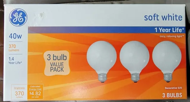 GE, 40 Watt Soft White Globe Light Bulbs. G25 (1 Pack, 3 Bulbs Total) New