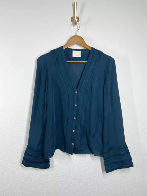 Cinq A Sept Silk Button Down Top Small S Frayed Pleats Teal