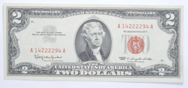 1963 $2 Two Dollar US Red Seal Jefferson Note Bill US Currency Crisp UNC *0353