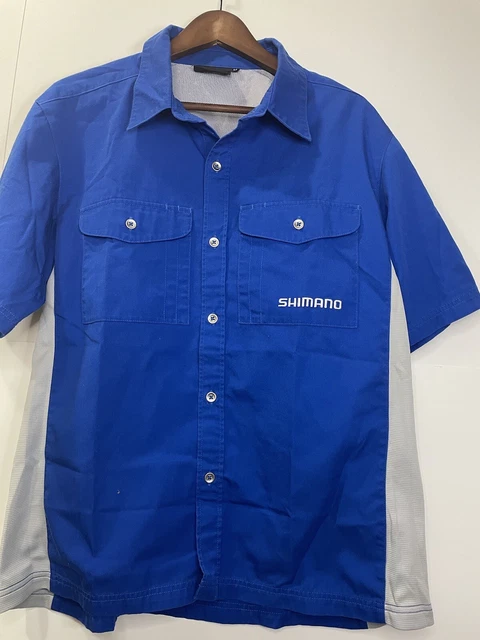 Shimano Mens Large LL Blue White Button Up Longsleeve Vented Fishing Shirt