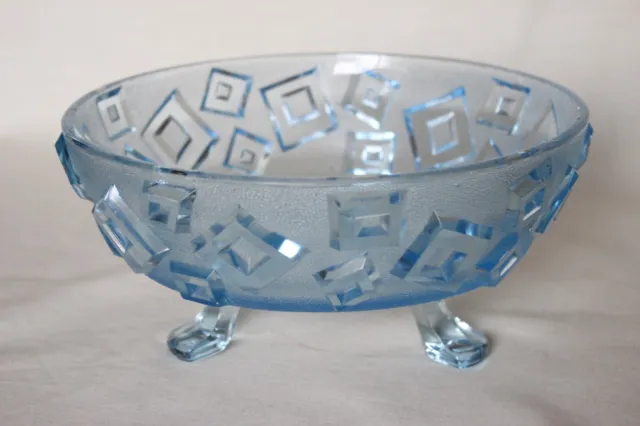 Art Deco Blue Glass Geometric Design Footed Bowl by Libochovice