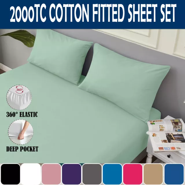 2000TC Egyptian Cotton Bottom Fitted Bed Sheet Set Pillowcase King Single Queen