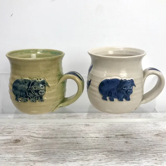 Two Studio Pottery Mugs With Pig And Leaf Design from Roy Parsley Potteries