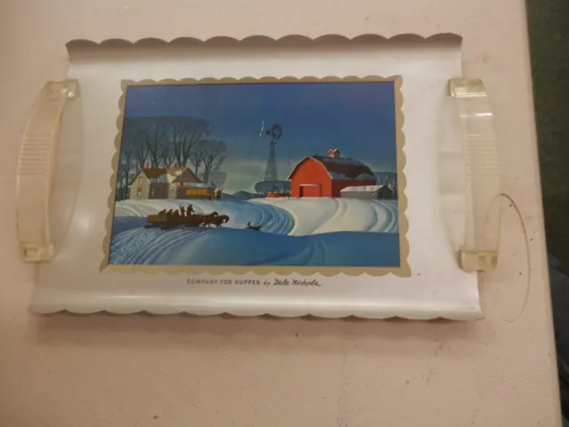 Vintage Mid Century aluminum tray curved handles Dale Nichols farm scene retro Vintage Mid Century aluminum tray curved handles Dale Nichols farm scene retro