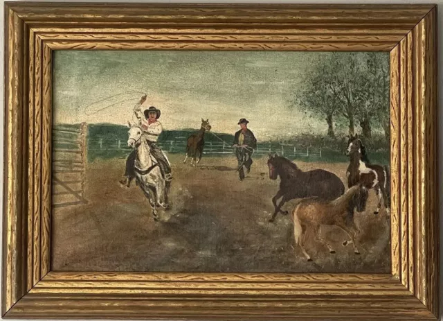 Fantastic Antique Cowboy Western Impressionist Oil Painting Old Vintage Horses