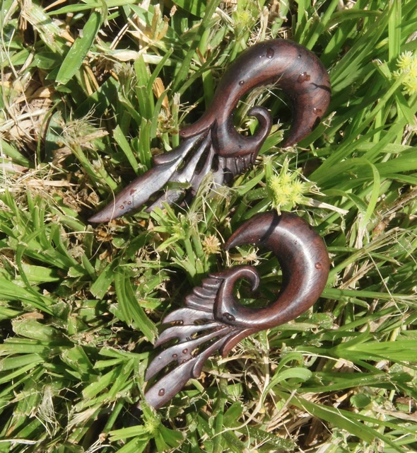 Pair Handmade Organic Dark Wood Robot Mecha Feather Wings Ear Gauge Plugs 6G-1/2 2