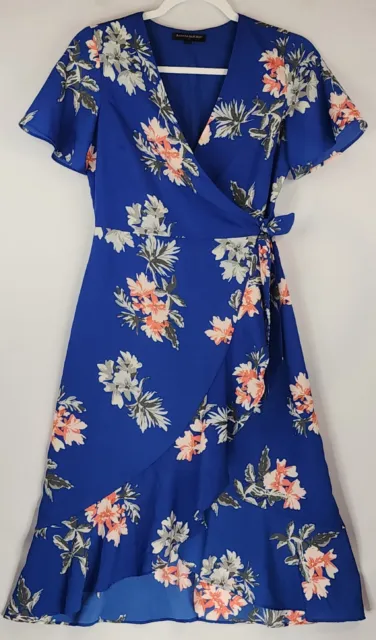 Banana Republic Dress Womens 0 Blue Floral Ruffled Midi Tie Front Short Sleeve