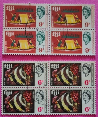 Lot de 8 timbres Fidji neufs et oblitérés 1968 Bamboo raft et Reef fish 