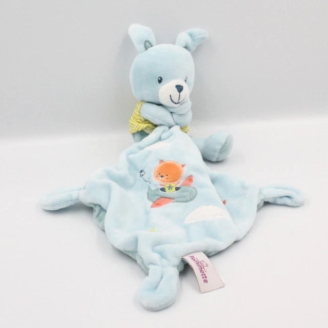 Doudou lapin bleu vert rayé avion mouchoir POMMETTE - 21916