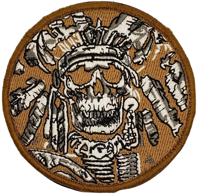 Indian Chief Skull Desert Gold 3"  Circle Embroidered Tactical Hook Patch
