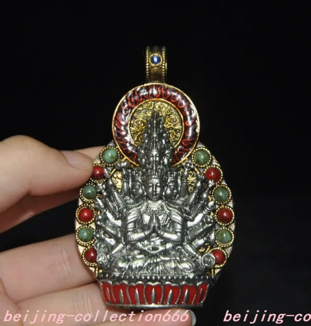 3.4"Tibet silver Gilt Inlay gem Thousands of hands Avalokitesvara amulet pendant