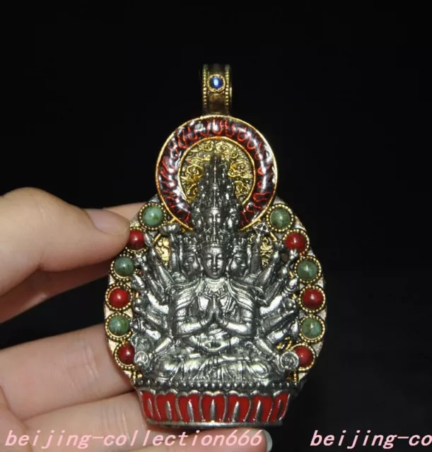3.4"Tibet silver Gilt Inlay gem Thousands of hands Avalokitesvara amulet pendant