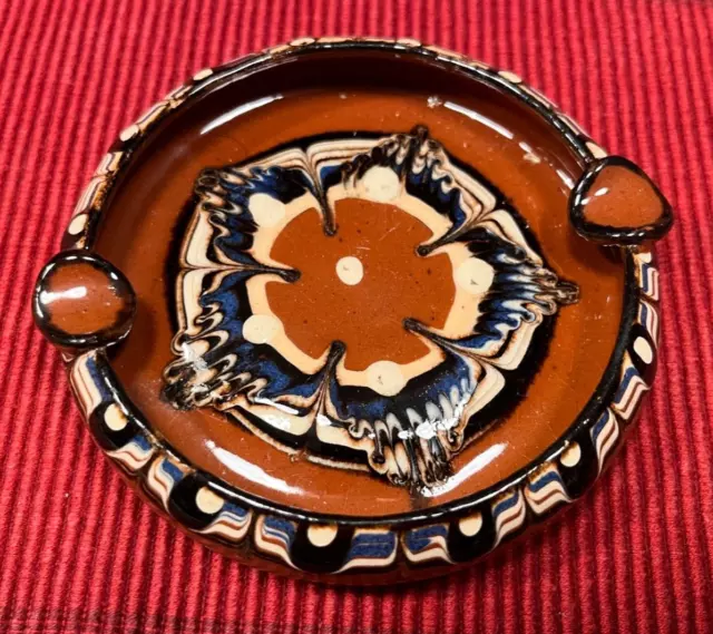 piccolo posacenere in argilla, fantasia marrone ruggine, fatto a mano, Ø 11 cm, oro anni 70 J