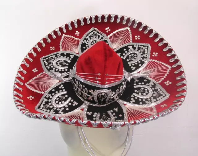 BELRI Red/Black Velvet Sombrero Hat with Silver Accents Authentic Made in Mexico